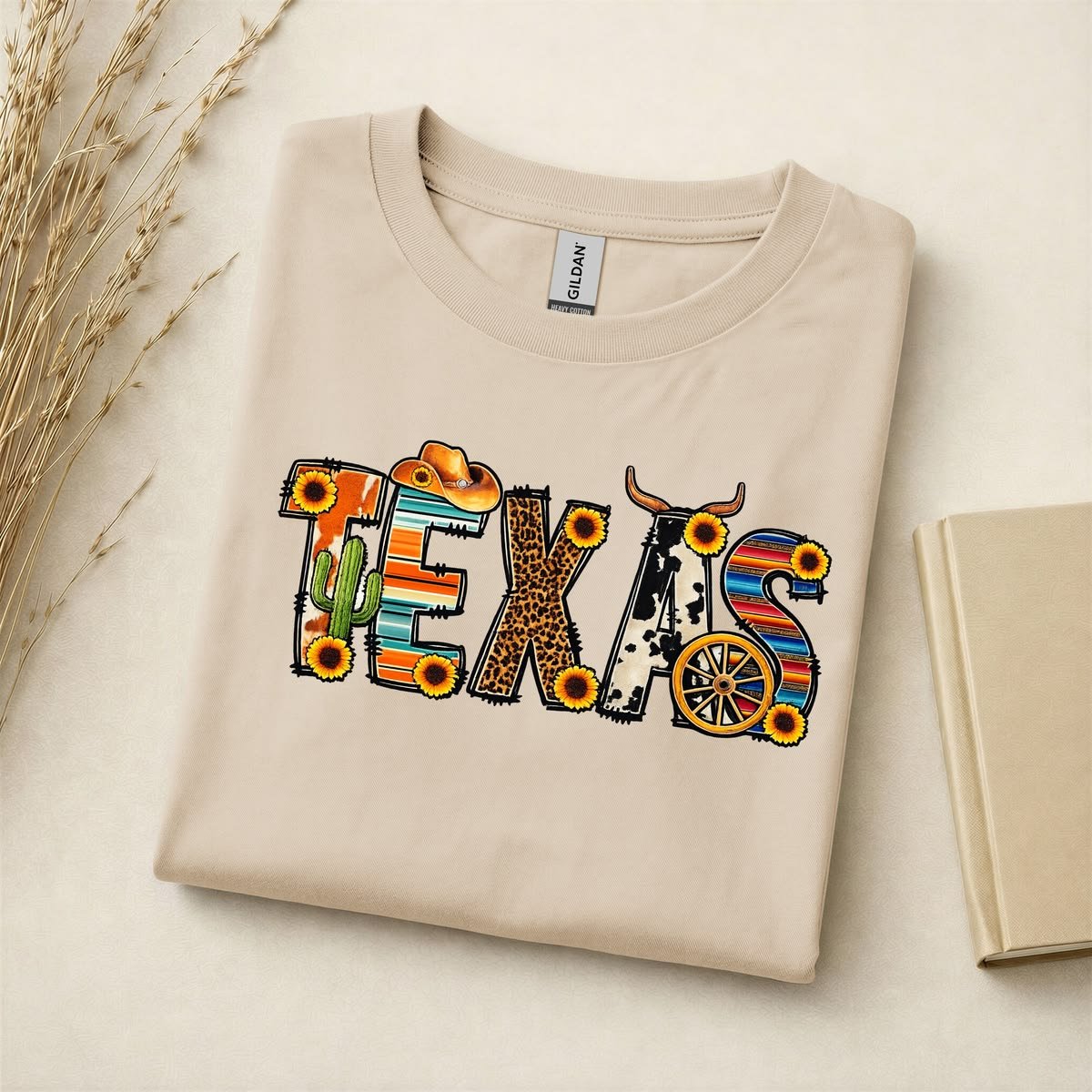 Folded shirt with a colorful Texas design
