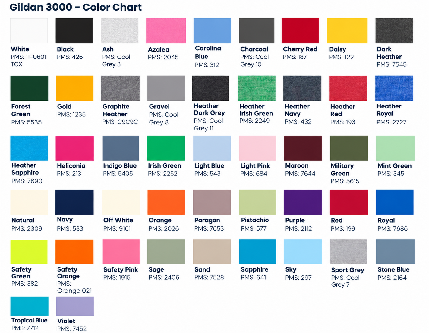 Gildan 3000 Unisex Light Cotton T-Shirt Color Chart